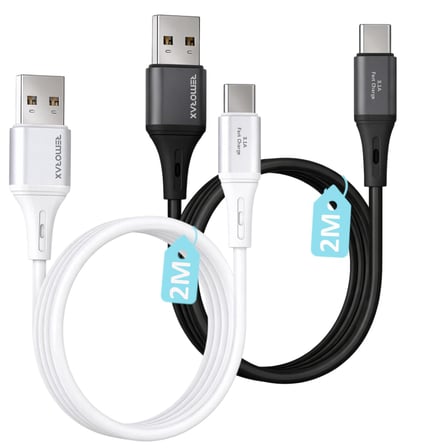 USB A-Type C, 3.1A Hızlı Şarj Kablosu, REMORAX Wahoo (2Ad x 2Metre Beyaz ve Siyah)