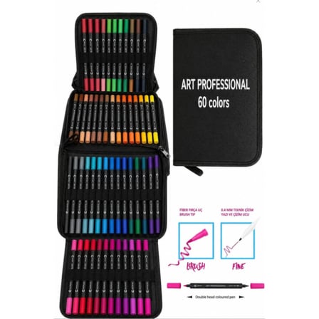 Çift Uçlu Profesyonel Marker Kalem Çizim ve Boya Kalemi Seti Fırça Uçlu ve 0.4 mm Fine Uçlu Profesyonel Sanat Boyama Çizim ve Bullet Journal Kalemi (Siyah Çantalı)