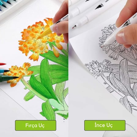 Çift Uçlu Profesyonel Marker Kalem Çizim ve Boya Kalemi Seti Fırça Uçlu ve 0.4 mm Fine Uçlu Profesyonel Sanat Boyama Çizim ve Bullet Journal Kalemi (Siyah Çantalı)