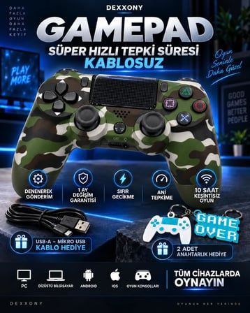 Kablosuz Oyun Kolu, Bluetooth Gamepad, PS4/PC/Android TV Uyumlu, Çift Titreşimli, Şarj Edilebilir