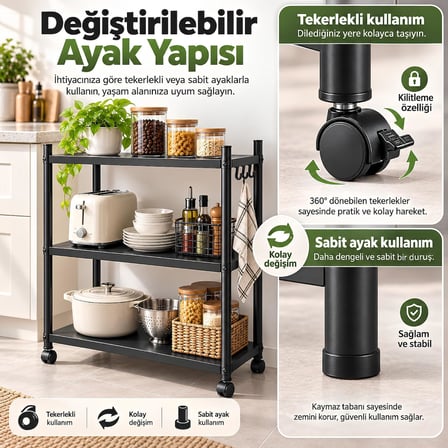 5 Raflı Çok Amaçlı Tekerlekli Metal Depolama Organizer Rafı