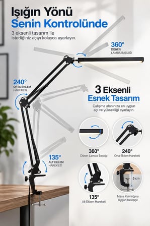 80 LED Uzun Kollu Kelepçeli Masa Lambası - 3 Renk 10 Kademe Parlaklık, 360° Ayarlanabilir Başlık, USB Mimar Çalışma Okuma Çizim Lambası Bilgisayar Masası Lambası Akrobatik Lamba