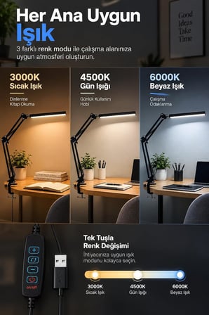 80 LED Uzun Kollu Kelepçeli Masa Lambası - 3 Renk 10 Kademe Parlaklık, 360° Ayarlanabilir Başlık, USB Mimar Çalışma Okuma Çizim Lambası Bilgisayar Masası Lambası Akrobatik Lamba