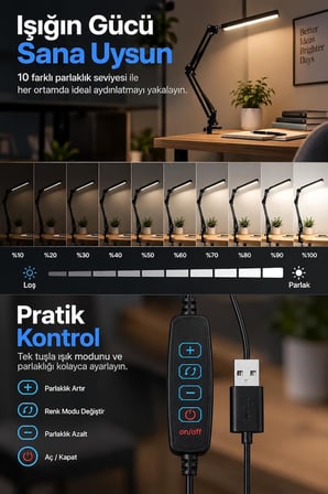80 LED Uzun Kollu Kelepçeli Masa Lambası - 3 Renk 10 Kademe Parlaklık, 360° Ayarlanabilir Başlık, USB Mimar Çalışma Okuma Çizim Lambası Bilgisayar Masası Lambası Akrobatik Lamba
