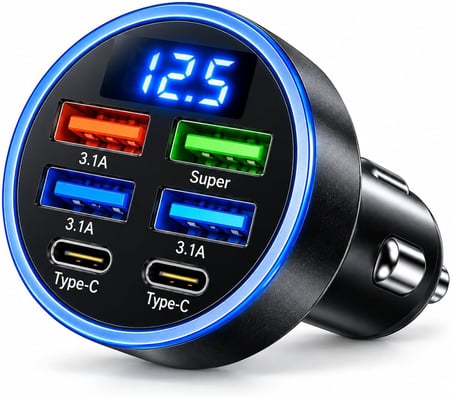 Şarj Cihazı 4 USB + 2 Type-C, LED Akü Voltaj Göstergeli, 3.1A Çoklu Şarj Soketi, Oto Çakmaklık USB Adaptörü