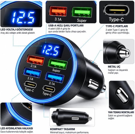 Şarj Cihazı 4 USB + 2 Type-C, LED Akü Voltaj Göstergeli, 3.1A Çoklu Şarj Soketi, Oto Çakmaklık USB Adaptörü