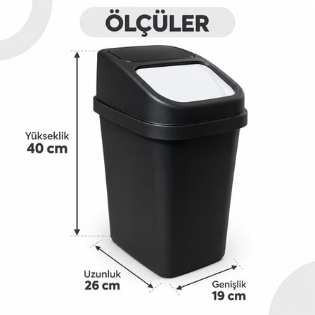 L Sallanır Kapaklı Plastik Çöp Kovası, Siyah