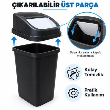 L Sallanır Kapaklı Plastik Çöp Kovası, Siyah