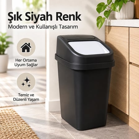 L Sallanır Kapaklı Plastik Çöp Kovası, Siyah