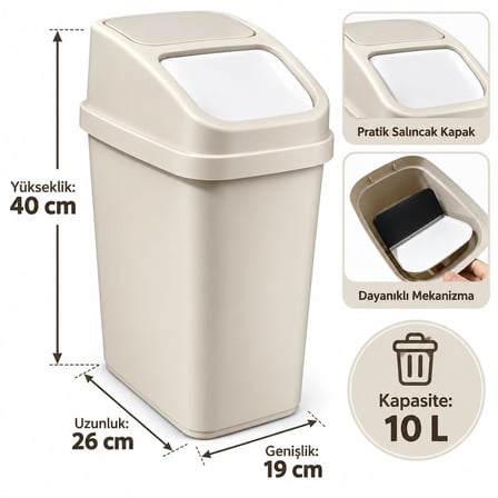 L Sallanır Kapaklı Plastik Çöp Kovası, Krem,