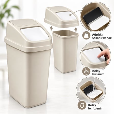 L Sallanır Kapaklı Plastik Çöp Kovası, Krem,
