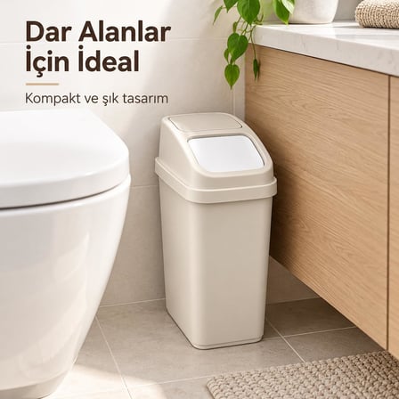 L Sallanır Kapaklı Plastik Çöp Kovası, Krem,