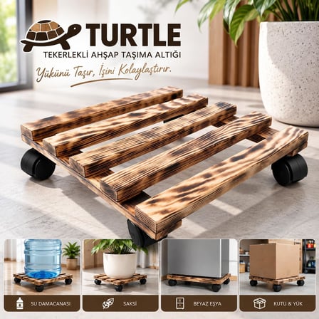 Tech Turtle 360 Döner Tekerlekli Ahşap Taşıma Altlığı, Damacana, Saksı, Su Sebili ve Koli Standı, 50 kg Kapasiteli Tekerlekli Ahşap Sehpa, Doğal Çam Ağacı, Isıl İşlem Görmüş Malzeme, 30 cm