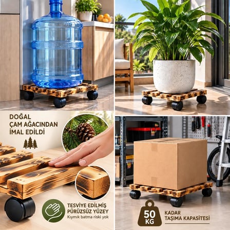 Tech Turtle 360 Döner Tekerlekli Ahşap Taşıma Altlığı, Damacana, Saksı, Su Sebili ve Koli Standı, 50 kg Kapasiteli Tekerlekli Ahşap Sehpa, Doğal Çam Ağacı, Isıl İşlem Görmüş Malzeme, 30 cm