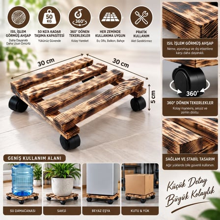Tech Turtle 360 Döner Tekerlekli Ahşap Taşıma Altlığı, Damacana, Saksı, Su Sebili ve Koli Standı, 50 kg Kapasiteli Tekerlekli Ahşap Sehpa, Doğal Çam Ağacı, Isıl İşlem Görmüş Malzeme, 30 cm