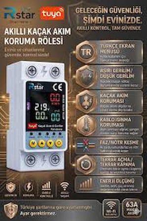  Rstar Wifi Akıllı Kaçak Akım Rölesi – Tuya Uyumlu Aşırı Akım Koruma (RSTAR-63LW) Özellikli Çin Menşeli