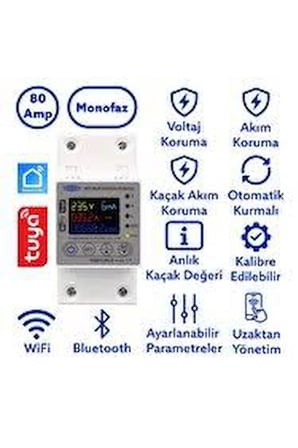 80 LW Akıllı Kaçak Akım Koruma Rölesi – 80A Faz + Nötr Kesme