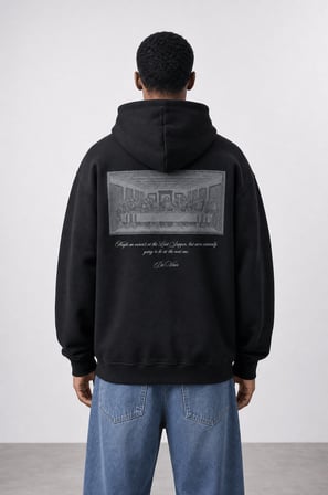 Erkek Da Vinci Baskı Detaylı Oversize Hoodie Siyah