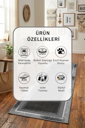 Yıkanabilir Kaymaz Dijital Baskılı Yolluk Halı Tüy Tutmaz Antrasit