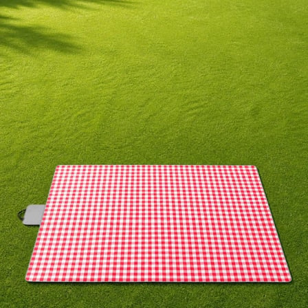 Katlanabilir Su Geçirmez Piknik Matı - Çanta Formlu Plaj ve Kamp Örtüsü - 205x160 cm, Kareli (Kırmızı)