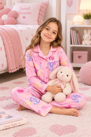 Kız  Çocuk Düğmeli-Baskılı Pijama Takımı 