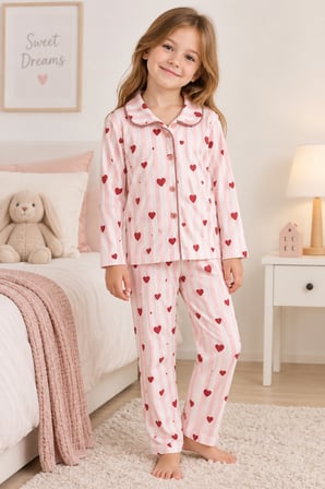Kız  Çocuk Düğmeli-Baskılı Pijama Takımı 