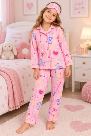 Kız  Çocuk Düğmeli-Baskılı Pijama Takımı 