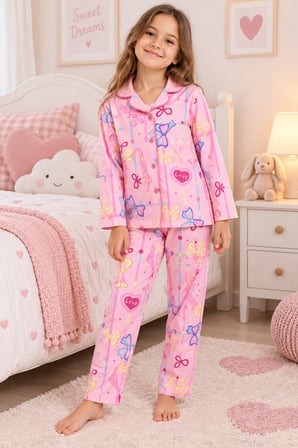 Kız  Çocuk Düğmeli-Baskılı Pijama Takımı 