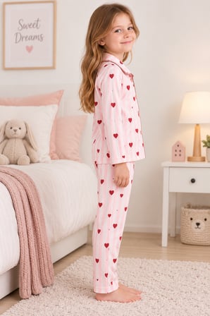 Kız  Çocuk Düğmeli-Baskılı Pijama Takımı 