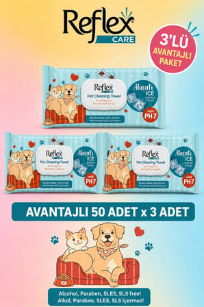 REFLEX CARE EVCİL HAYVANLAR İÇİN ÇOK AMAÇLI HİJYENİK TEMİZLEME HAVLUSU 50Lİ ALAÇATI İCE KOKULU 3 LÜ AVANTAJ PAKET