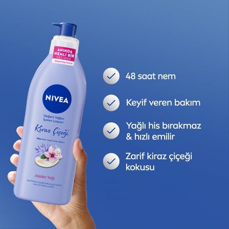 Değerli Yağlar İçeren Vücut Losyonu Kiraz Çiçeği ve Jojoba Yağı, 400 ml,Tüm Ciltler,48 Saat Nemlendirici, Hızlı Emilir