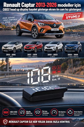 Renault Captur 2013-2026 modeller için OBD2 head up display hayalet gösterge ekranı ön cam hız göstergesi