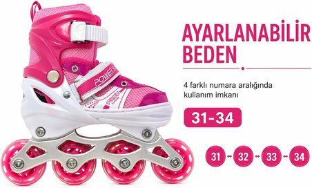 Power Işıklı Çocuk Pateni, Numara Ayarlı, Başlangıç Seviyesi, 4 Tekerlekli, Frenli