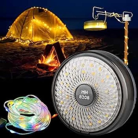 Evimdeyokyok Kamp Lambası Çadır Aksesuarları Şarjlı 10 Metre Ledli RGB Renkli Işık 8 Işık Modu Type-C
