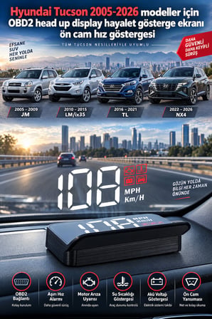 Hyundai Tucson 2005-2026 modeller için OBD2 head up display hayalet gösterge ekranı ön cam hız göstergesi