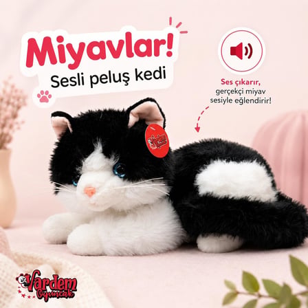 36 cm Peluş Sesli Kedi Oyuncak, 4 Asorti Renk Seçenekli Yumuşak Kedi Peluşu, Ses Efektli Çocuk Oyuncağı, Sarılmalık Uyku Arkadaşı ve Hediye Peluş Kedi PJH14473 (SİYAH-BEYAZ)