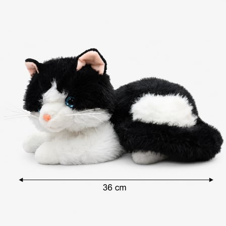 36 cm Peluş Sesli Kedi Oyuncak, 4 Asorti Renk Seçenekli Yumuşak Kedi Peluşu, Ses Efektli Çocuk Oyuncağı, Sarılmalık Uyku Arkadaşı ve Hediye Peluş Kedi PJH14473 (SİYAH-BEYAZ)