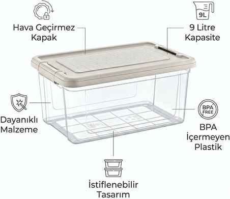 Kilitli Saklama Kabı Şeffaf Organizer PP Plastik Gıda Saklama Kabı Kapaklı Sızdırmaz Buzdolabı Düzenleyici İstiflenebilir Çok Amaçlı Saklama Kutusu (9 Litre)