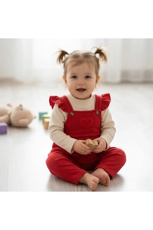 Kız Bebek Takım Waffle Kumaş Bebek Tulum Takımı Fırfırlı Askılı Tulum ve Kalpli Body