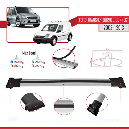 Ford Transit/Tourneo Connect 2002-2013 Arası ile Uyumlu FLY Model Ara Atkı Tavan Barı Gri 2 Adet