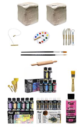 Seramik Hamuru 6x2 Kg Rich 60cc Akrilik Metalik-canlı-pastel Renkler Ponpon-ahşap-merdane Sanat Seti