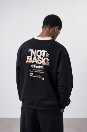 Erkek Not Basic Project Baskılı Oversize Sweatshirt Siyah