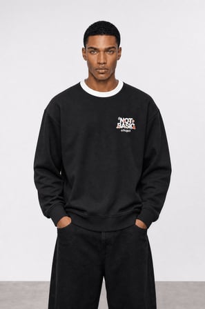 Erkek Not Basic Project Baskılı Oversize Sweatshirt Siyah