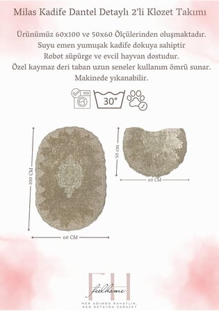 Milas Kaymaz Taban, Kadife Dantel Detaylı 2'li Süper Lüks Oval Banyo Paspası Seti, Kahverengi, 60x100 cm