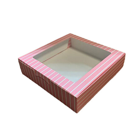Pencereli Karton Kutu Çizgili  Model 25X25X5 CM (10 Adet)  Pembe