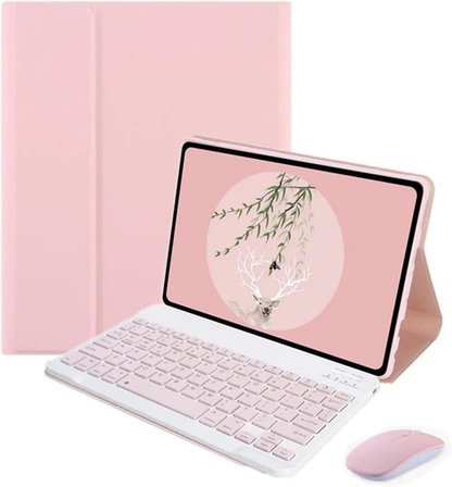 Samsung Galaxy Tab S9 FE SM-X510 ile uyumlu Bluetooth Klavye ve Mouse + Standlı Kılıf - BKK6 Pembe