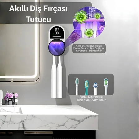 ESX9 Led Ekranlı Otomatik Açılan Kapaklı Şarjlı Fırça Tutucu ve UV Diş Fırçası Sterilizatörü