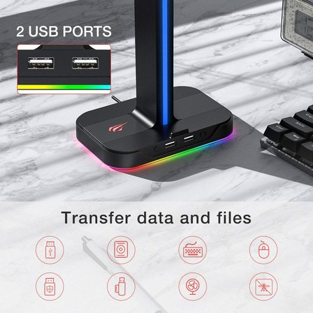 çift kulaklık askısı, 2 USB bağlantı noktası, RGB kulaklık tutucu, oyuncular için, PC için, siyah (TH650)