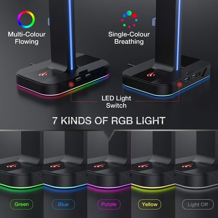 çift kulaklık askısı, 2 USB bağlantı noktası, RGB kulaklık tutucu, oyuncular için, PC için, siyah (TH650)