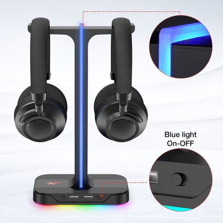 çift kulaklık askısı, 2 USB bağlantı noktası, RGB kulaklık tutucu, oyuncular için, PC için, siyah (TH650)